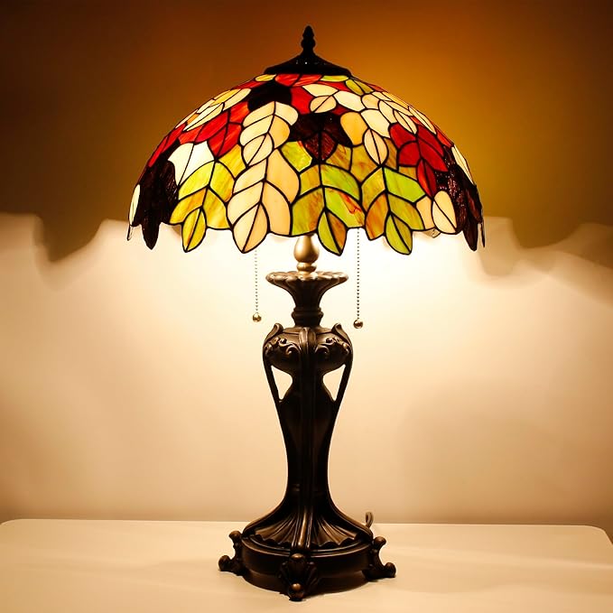 Tiffany Stained Glass Table Lamp 16X16X24 Inch Maple Leaf Style Desk Bedroom Living Room Antique Reading Light (Maple Leaf)