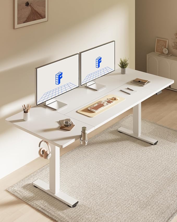 FLEXISPOT 79 x 32 Inch Large Standing Desk, Stand Up Desk with Splice Board, Rising Desks for Home Office, Office Desk with Cup Holder and Headphone Hook (White Frame + White Top, 2 Packages)
