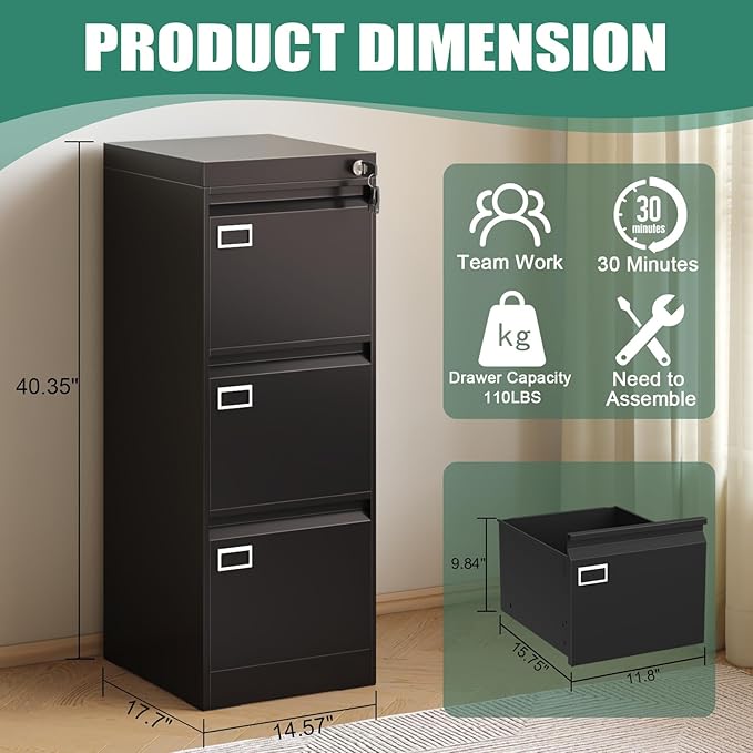 Three Drawer File Cabinet with Lock, Metal Filing Cabinet for Home Office, 3 Drawer Locking Filing Cabinets, Black Vertical File Cabinets for Letter/Legal / A4 / F4 Size, Lockable Design
