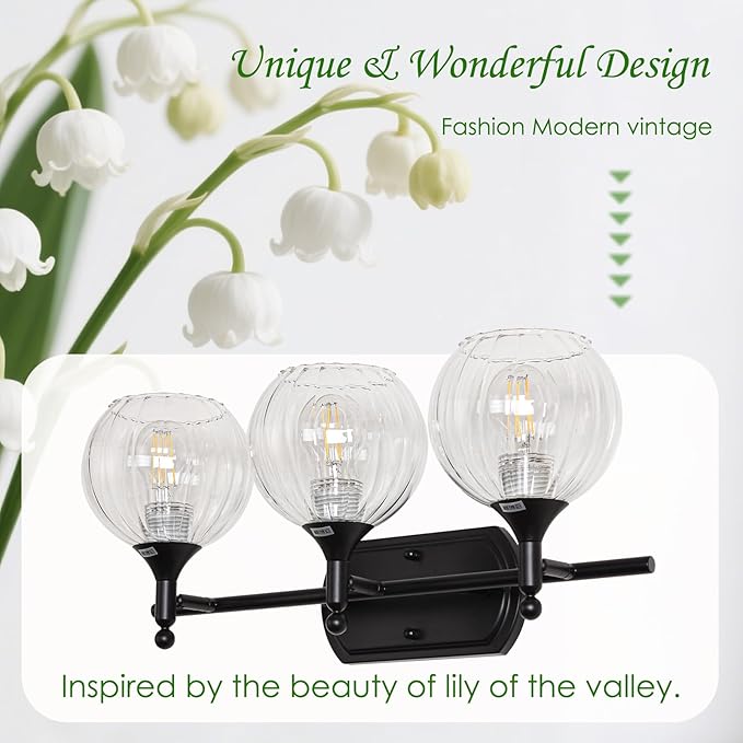 Matte Black Bathroom Vanity Light 3-Light Vanity Lights for Bathroom 10%-100% Dim(Night/Makeup Mode) Warm to Cool Light Switch Fog-Proof & Crystal Shade 20'' Wall Sconce