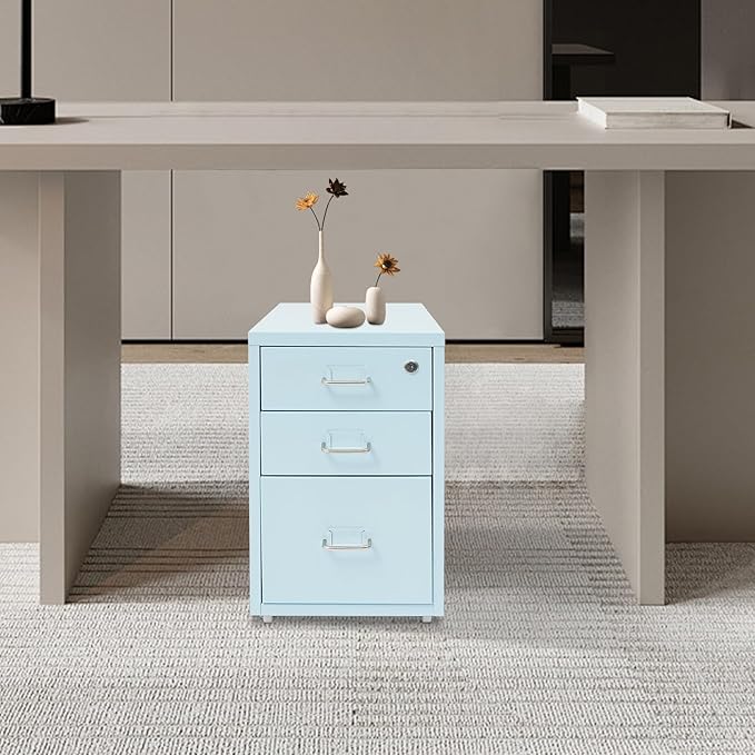 3 Drawers Rolling File Cabinet, Metal Filing Cabinets with Lock, 18.3 inch H Vertical Filing Cabinet Under Desk for Home Office, Heavy Duty Metal Storage Cabinet for A4/Letter/Legal Size File