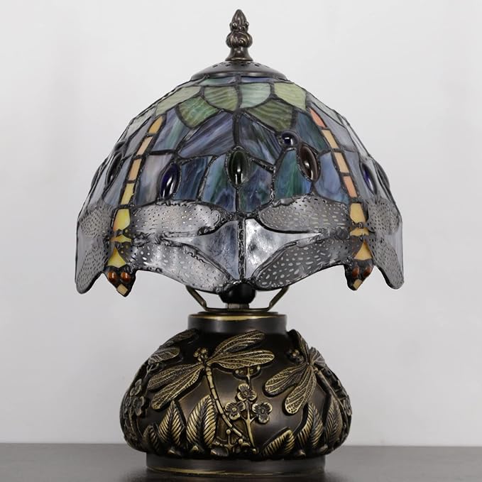 Small Tiffany Lamp Mini Stained Glass Table Lamp Brown Yellow Dragonfly Style Mushroom Desk Light Memory Sympathy Lamp 8X11 Inch