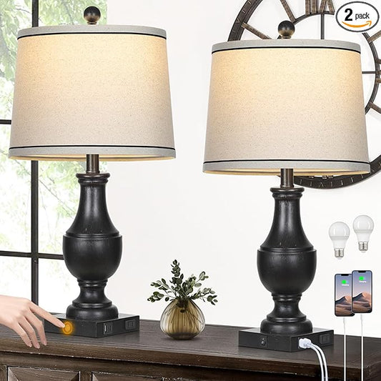 Vintage Farmhouse Lamps Set of 2, 25" Rustic Retro Table lamps with USB A+C Charging Ports & AC Outlet, Antique Resin Traditional Bedside Lamp with Linen Fabric Lampshade for Living Room Bedroom Black
