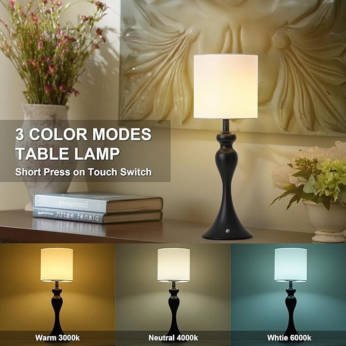 Table Lamp for Bedroom, Cordless Bedside Lamps for Living Room, Touch 3-Way Dimmable Desk Lamp for Night Stands, Rechargeable, Battery Operated Lamp with Fabric Shade for Dorm, Home Office (Black)