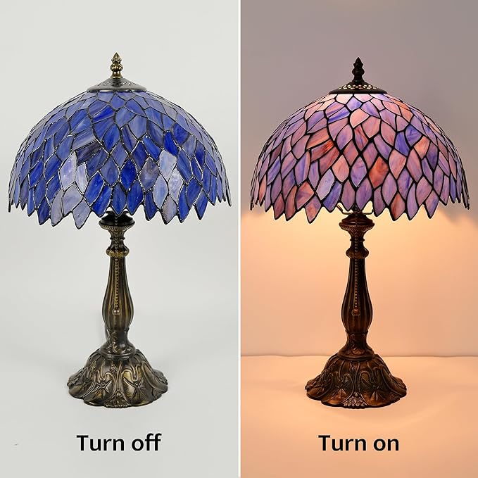 Tiffany Style Table Lamp Vintage Stained Glass Desk Lamp Deep Blue Purple Wisteria Bedside Reading Light Decor Bedroom Living Room Home Office D12 xH18