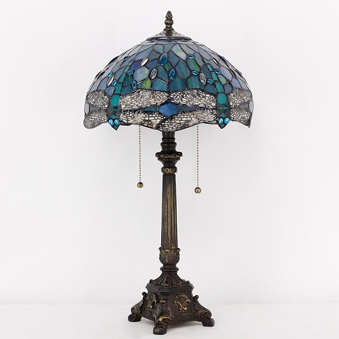 Tiffany Table Lamp Sea Blue Stained Glass Desk Lamp 12X12X21 Inches Dragonfly Style Reading Light