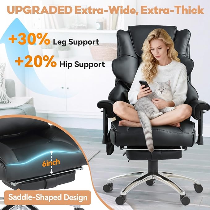 Massage Office Chair with Foot Rest, Ergonomic Executive Heated Office Chair with Reclining Backrest, Adjustable Arms and Lumbar Support, High Back Leather Desk Chairs for Home Office, Black