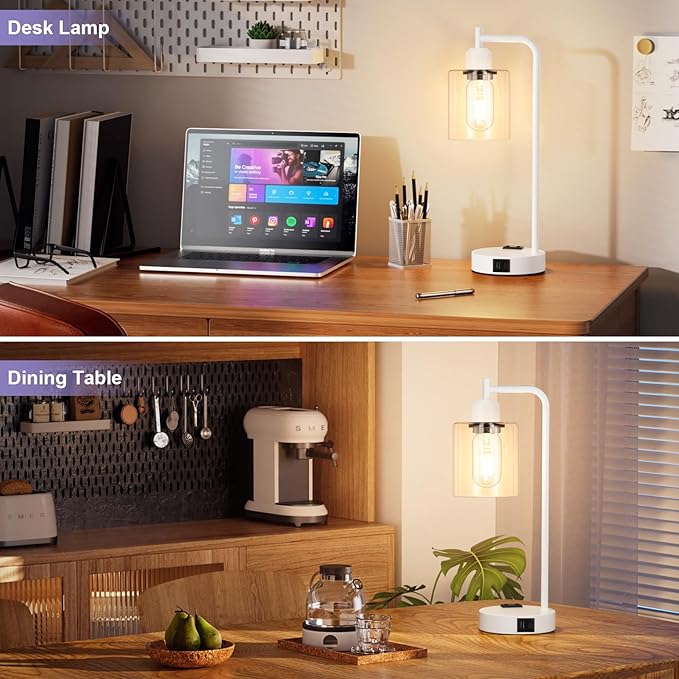 Innqoo Industrial White Table Lamps for Bedrooms Set of 2-3-Way Dimmable Desk Lamp with USB C+A Ports and Outlet, White Lamps with Clear Glass Shade for Living Room