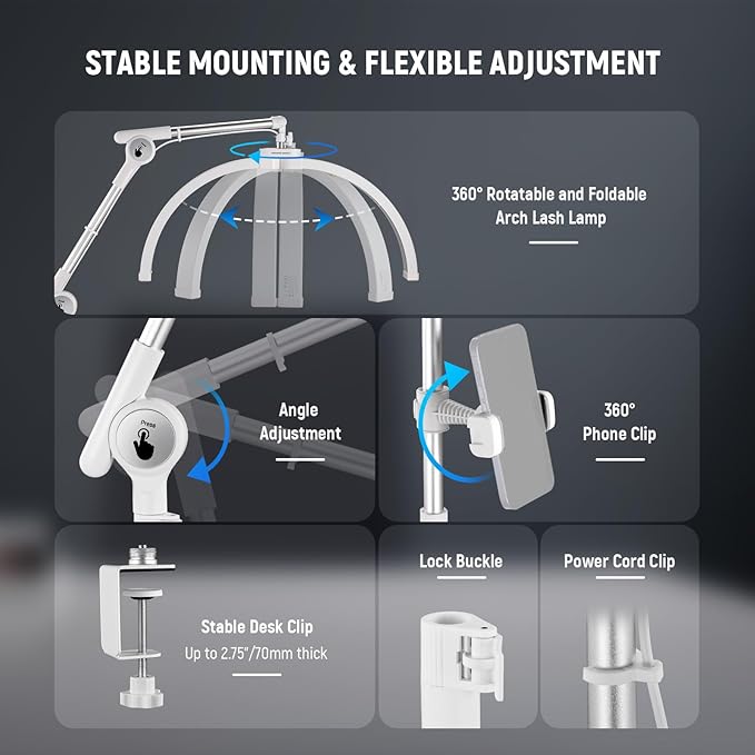 NEEWER Basics 22" Half Moon Lash Light with Articulating Desk Clamp Mount Stand/Phone Holder, 32W Foldable LED Nail Tech Table Arc Lamp for Makeup Beauty Tattoo Overhead Video Recording, HM03-D