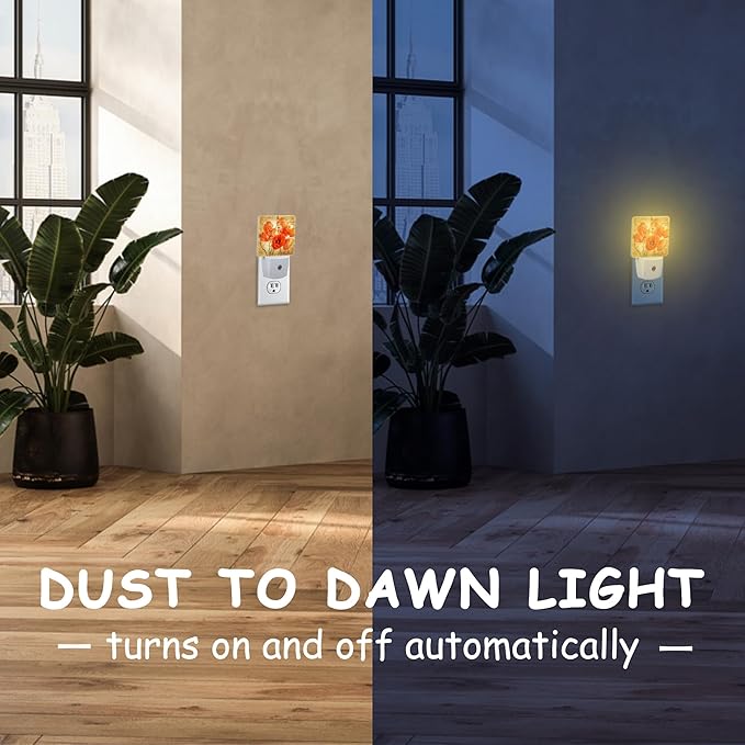 Vintage Orange Flowers Night Light Plug Wall,Poppy Bouquet Oil Painting LED Night Lights with Dusk to Dawn Light Sensor for Women Girls Boys Room Decor,Hallway,Kitchen,Bathroom,Nursery,Stairs
