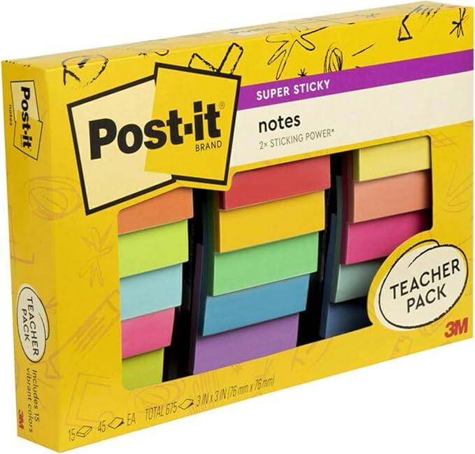 Post-it Super Sticky Notes Assorted Colors 3 x 3 inch | Teacher Pack | Super Sticky | Recyclable | 45 Sheets per Pad, 15 Pads, Pack of 6