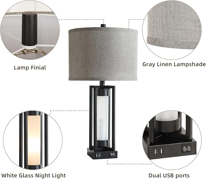 RORIANO Set of 2 Modern Table Lamp for Living Room with 2 USB Ports, Contemporary Nightstand Lamp with White Glass Night Light, Retro Desk Lamp for Bedroom Bedside, 4 Bulbs Included (Balck)