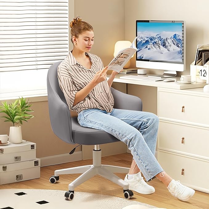 Home Office Chair Velvet Vanity Chairs Cute Makeup Desk Chair with Wheels Mid Back Computer Chairs Height Adjustable Small Swivel Rolling Task Chair