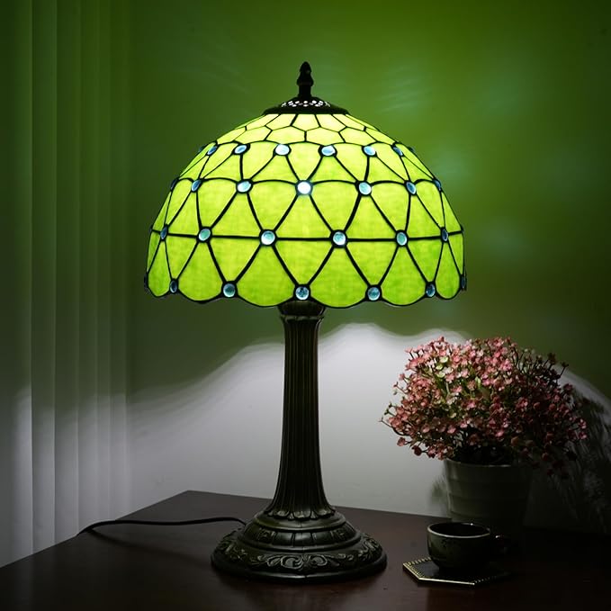 Green Tiffany Lamp For Bedrooms Bedside Stained Glass Table Lamp Farmhouse Lamps Night Stands Retro Traditional Nightstand Desk Decor Blue Beads Side Living Room End Desk Reding Lighting 12x12x19 Inch