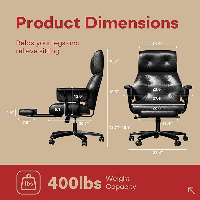 Reclining Office Chair with Footrest, Big and Tall Office Desk Chair 400lbs Wide Seat with Leather, Ergonomic High Back, Button Tufted Vintage Design, Black