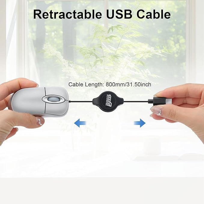 EEEKit Mini Wired USB C Mouse, 3-Button Retractable Corded Mouse Optical Computer Mice for Laptop PC MacBook iPad Smartphones, Silver