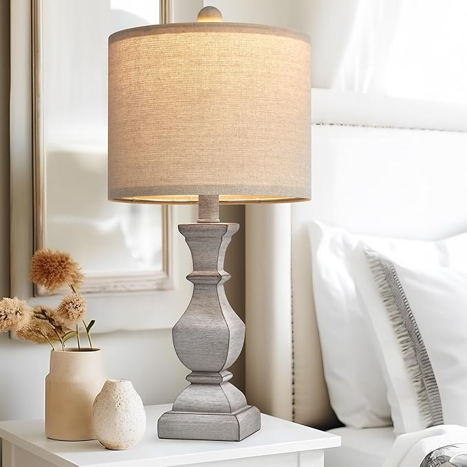 PoKat 20.5'' Table Lamps Set of 2, Vintage Bedside Lamps for Bedroom, Farmhouse Lamp for Living Room, Small Lamp for Nightstand, Retro Side Table Lamp, Grey