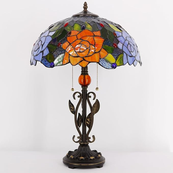 Tiffany Table Lamp Yellow Red Rose Flower Stained Glass Desk Reading Light 16X16X24 Inch Metal Leaf Base for Bedroom Living Room Home Office