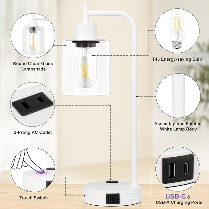 Innqoo Industrial White Table Lamps for Bedrooms Set of 2-3-Way Dimmable Desk Lamp with USB C+A Ports and Outlet, White Lamps with Clear Glass Shade for Living Room