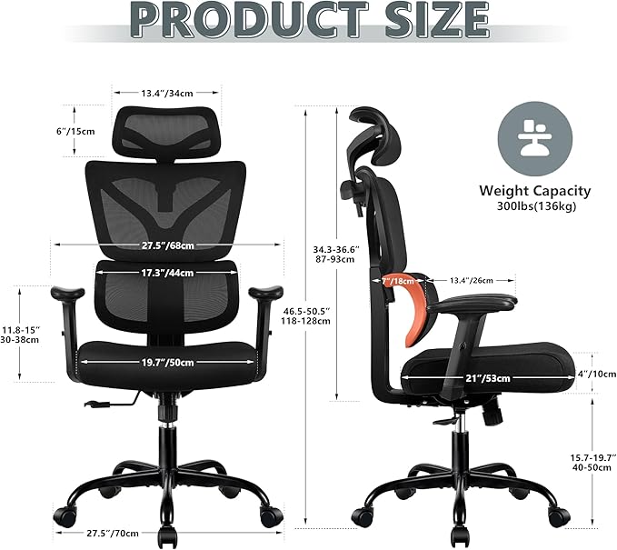 Winrise Office Desk Chair - Ergonomic High Back Reclining Gaming Chair with Breathable Mesh, Lumbar Support, Adjustable Armrests (Big and Tall - Orange)