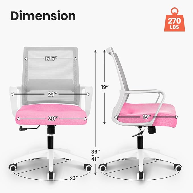 NEO CHAIR Office Chair Gaming Desk Computer Chair Ergonomic Mesh Mid Back with Wheels Lumbar Support Comfy Swivel Adjustable for Home (Pink)