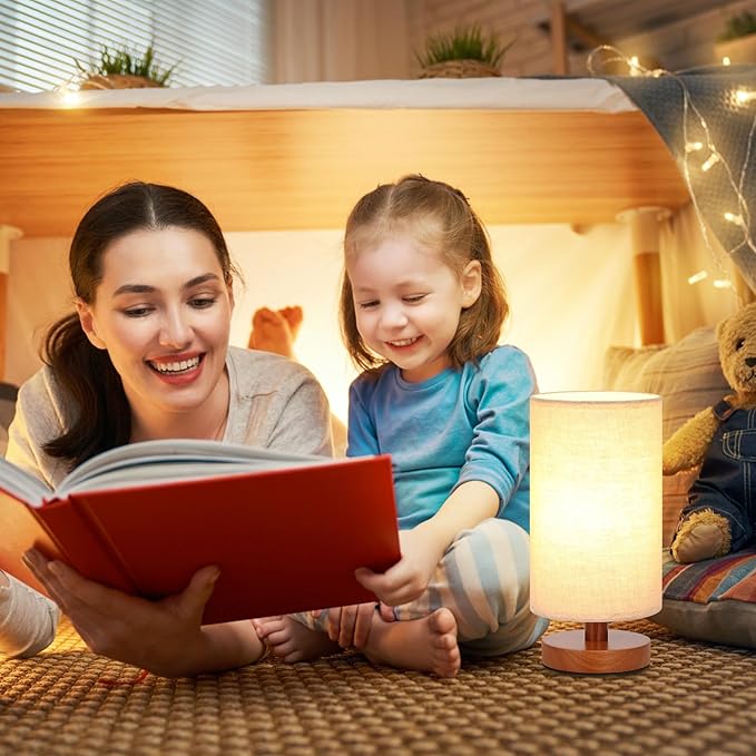 Small Table Lamp for Bedroom - Inline Control, Bedside Lamp with 3000K A15 LED Blub, Easy Assembly (Beige Shade - Walnut Base, 9" Inline Control)
