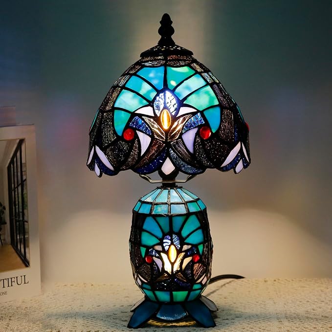 Small Tiffany Lamp Stained Glass Table Lamp Mini Mother Daughter Vase Desk Accent Light for Bedroom Bedside Reading Home Antique Style Decor 8X14 Inches (Green)