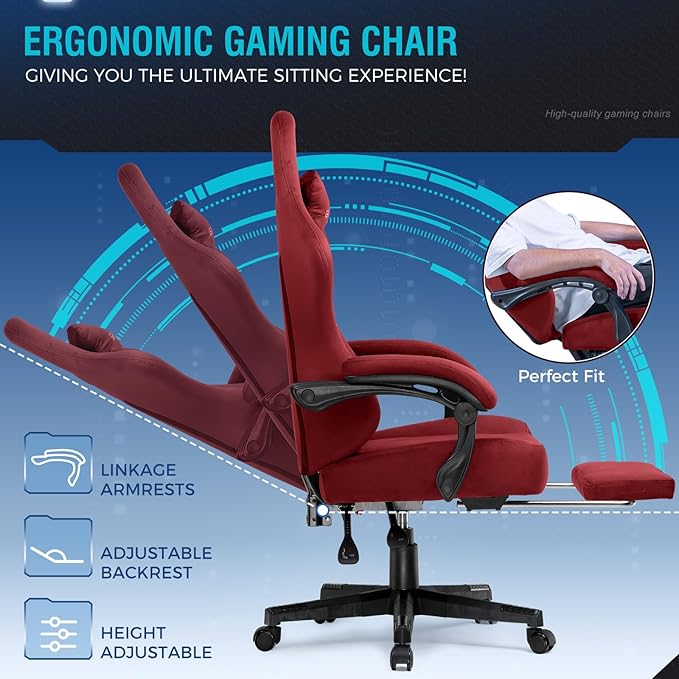 GTPLAYER Gaming Chair Fabric with Pocket Spring Cushion, Big and Tall Gamings Chairs 350LBS High Back Computer Chair with Footrest for Adults Lumbar Support Swivel Game Chair for Office Gaming Red