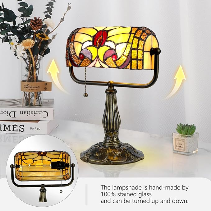 Tiffany Bankers Desk Lamp,Baroque Style Stained Glass Piano Light with LED Bulb, Vintage Tiffany Desk Lamp for Office, Study, or Timeless Home Décor.