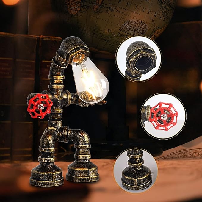 Water Pipe Table Lamp Robot Style- Retro Industrial Table Light- Antique Steampunk Metal Desk Lamp Bedside Lighting Fixture for Office, Reading Kids Room, Cafe Bar (Bronze-Style A)