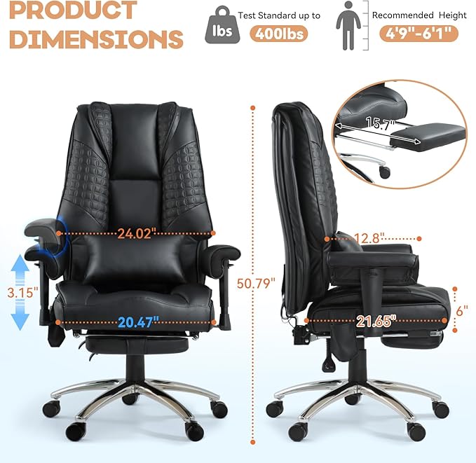 Massage & Heated Office Chair with Foot Rest, Ergonomic Executive Office Chair with Reclining Backrest, Adjustable Arms and Lumbar Support, High Back Leather Desk Chairs for Home Office, Black