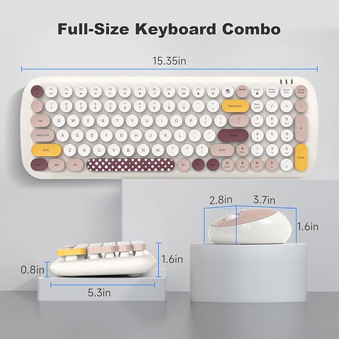 Wireless Keyboard and Mouse Combo - GEEZER Pale Milkwhite Colorful Round Keycap Keyboard 100 Keys - USB 2.4G Receiver Plug Play Typewriter Keyboards for Windows, PC, Laptop, Desktop