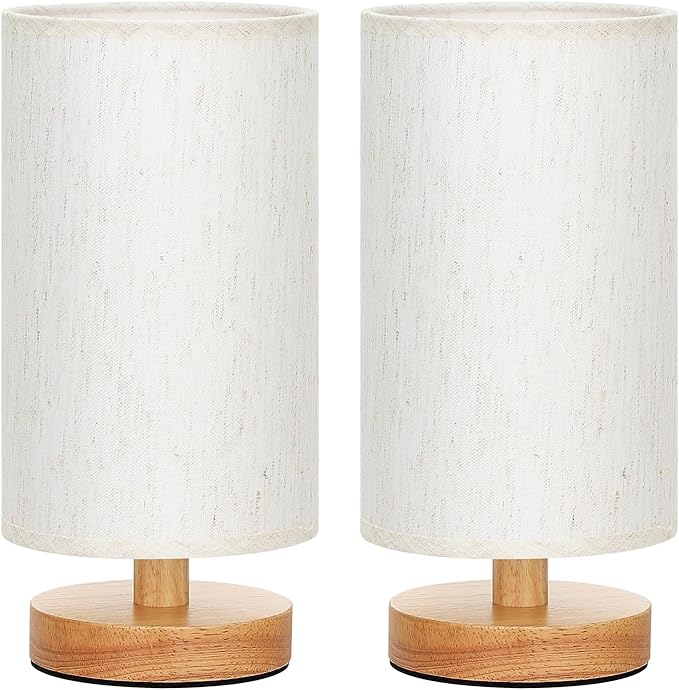 Small Lamps Set of 2 - Inline Control, Bedside Table Lamp for Bedroom with 3000K A15 LED Blub, Easy Assembly (Cream Shade - Wood Base Set of 2, 9" Inline Control)