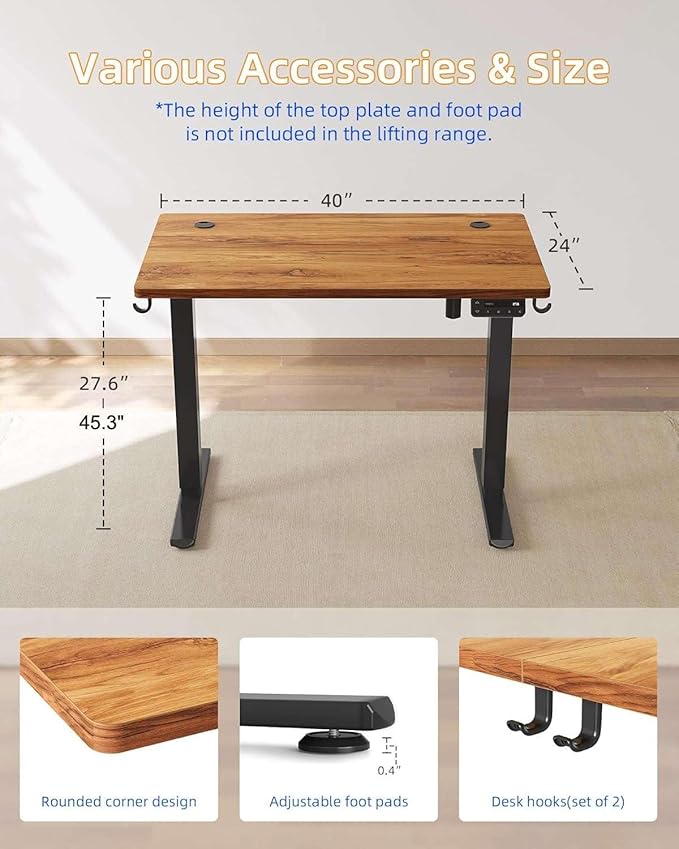 YIHAYO Electric Standing Desk, 40 x 24 Inches Stand Up Desk with Splice Board, Adjustable Height Desk, Computer Desk for Home Office, Black Frame/Rustic Brown Top