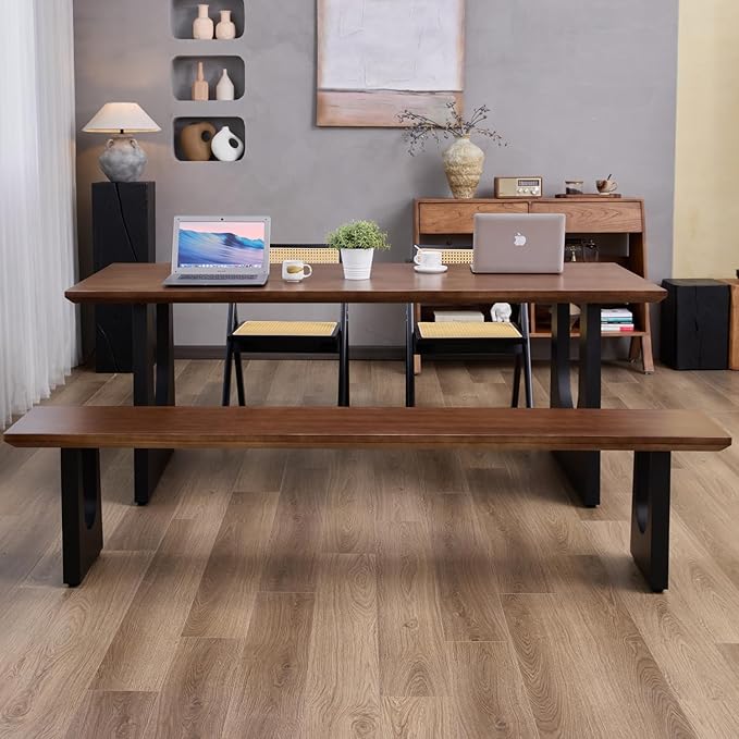 Walnut Color Long Bench Solid Wood Top Metal Legs U-Shaped Design Durable Sturdy Dining Bench Ideal for Office Home Restaurant Patio Multiple (Bench, 78.74in)