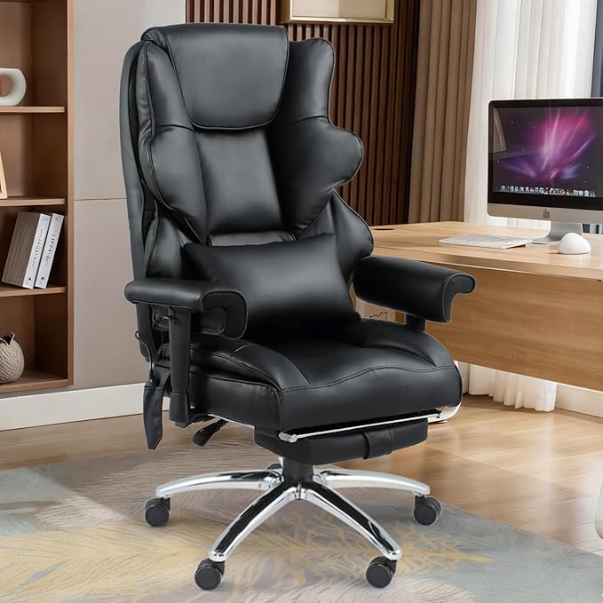 Massage Office Chair with Foot Rest, Ergonomic Executive Heated Office Chair with Reclining Backrest, Adjustable Arms and Lumbar Support, High Back Leather Desk Chairs for Home Office, Black