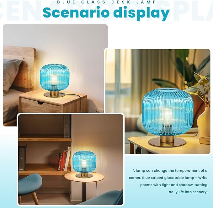 Side Table Lamp for Living Room, Coastal Table Lamps Blue Desk Lamp with Ribbed Glass Globe, Mid Century Modern Gold Bedside Lamp Bedroom Small Nightstand Lamp End Table Lamp