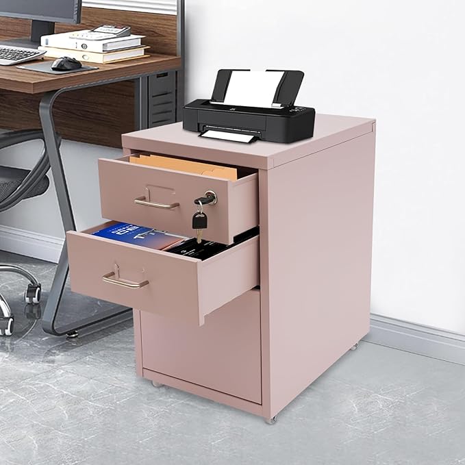 3 Drawer File Cabinet, Mobile Vertical Filing Cabinets with Lock and Wheels Organizer Cabinet for Home Office Files Storage (Pink)