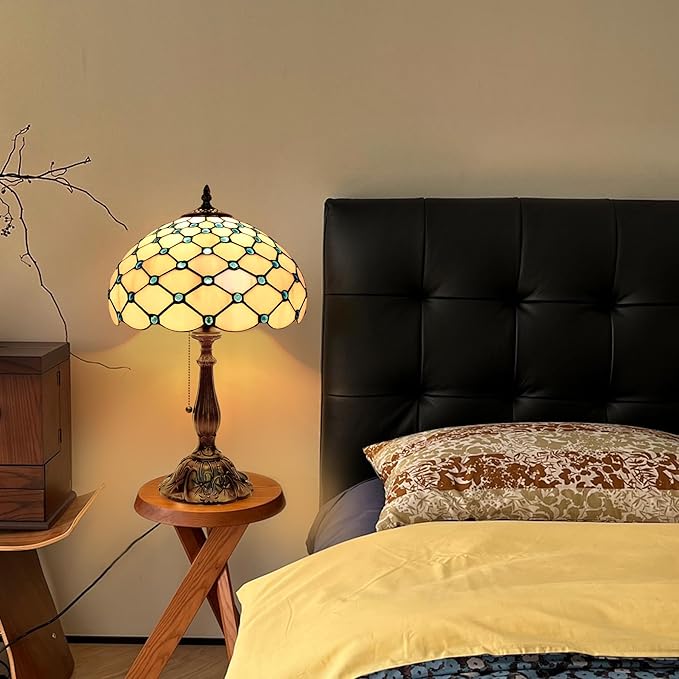 Tiffany Lamp Vintage White Grey Stained Glass Bead Table Lamp Desk Bedside Reading Light Decor Bedroom Living Room Home Office D12*H18 Inches