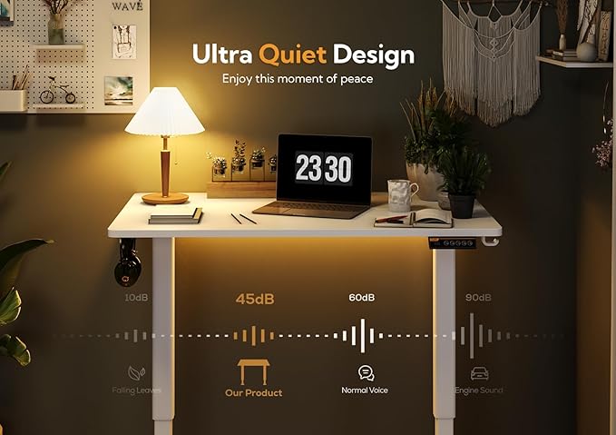 Seang Electric Standing Desk, Adjustable Height Stand up Desk with 3 Memory Presets, 48x24 Inch Sit Stand with Splice Board for Home Office Computer Workstation, White Frame/White Top