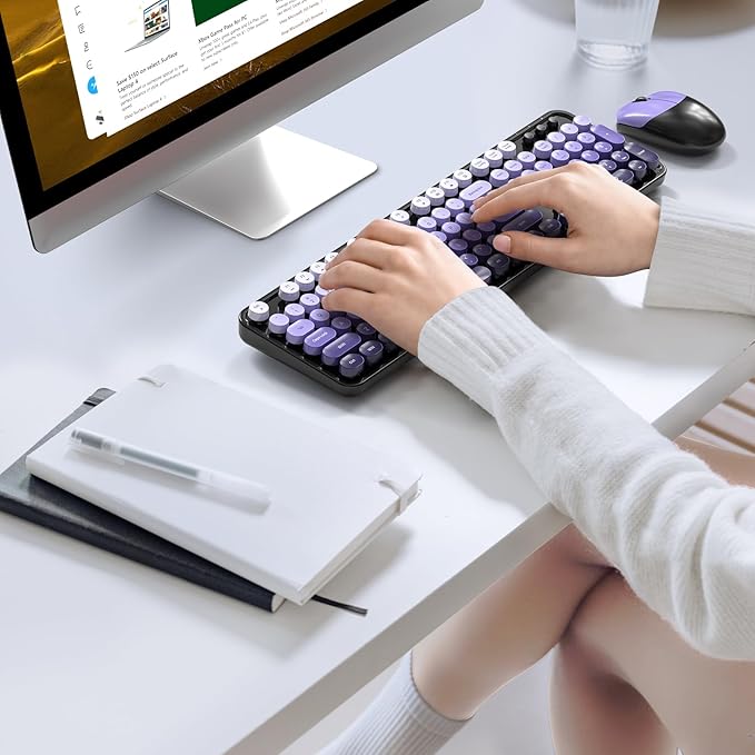 Wireless Keyboard and Mouse Combo - GEEZER Black-Purple Full-Sized Colorful Keyboard 104 Keys - USB 2.4 G Receiver Plug Play with Round Keycap Typewriter Keyboards, for Windows, PC, Laptop, Desktop