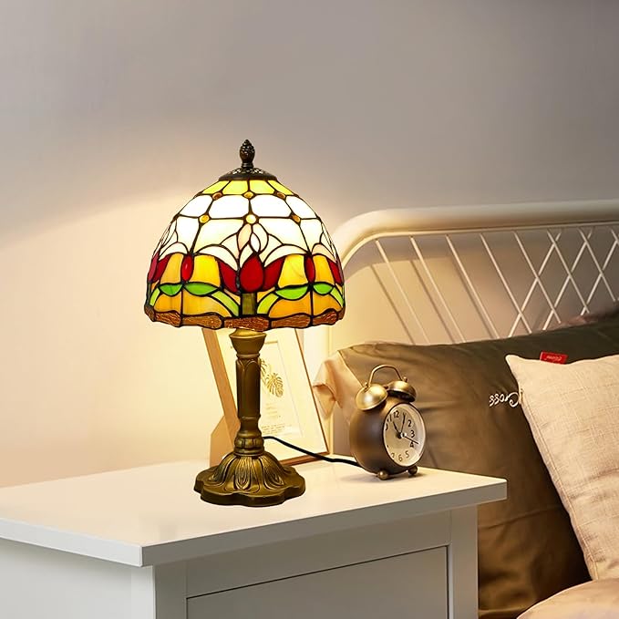 Tiffany Lamp Tulips Flower Stained Glass Table Lamp 8x8x14 Inches Flower Style Desk Reading Light Decor for Beside Bedroom Living Room Home Office with LED Bulb