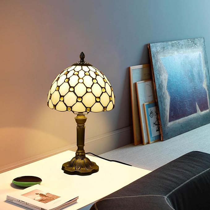 Tiffany Style Table Lamp Beige Beads Vintage Bedside Table Light Desk Lamps Accent Small Lamp 14" Tall 8" Wide Reading Lamp with Color Changing LED Bulb