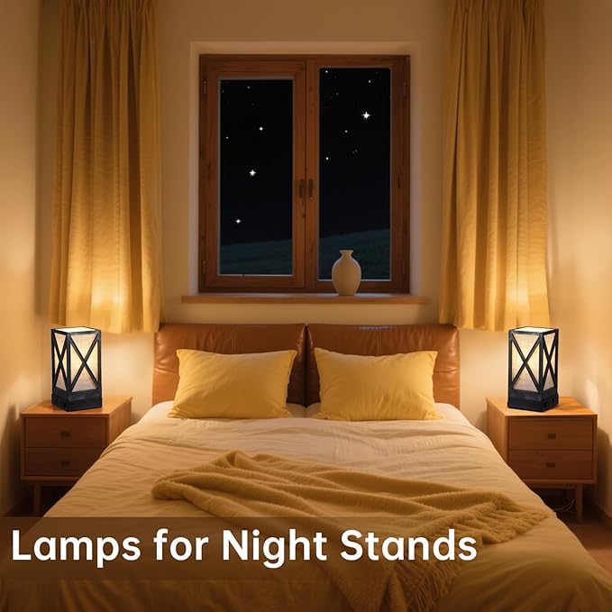 Table Lamp, Set of 2 Rustic Farmhouse Nightstand Lamps, 3 Color Temperatures Desk Lamp with USB Charging Ports AC Outlet Vintage Lamp for Living Room Bed Room, Pewter
