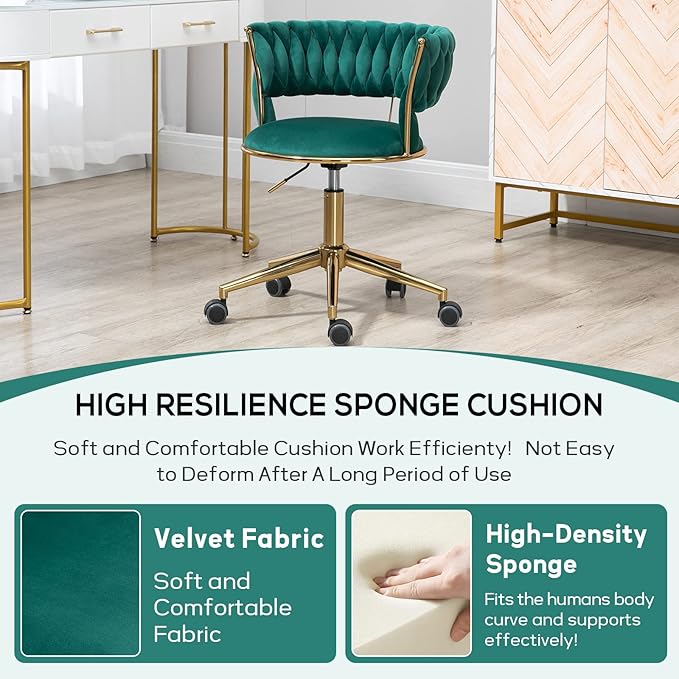 NIOIIKIT Velvet Office Desk Chair with Hand Woven Backrest, 360° Swivel & Height Adjustable Task Chairs, Makeup Chair, Living Room Chairs with Stainless Base and 5 Wheels (Emerald)