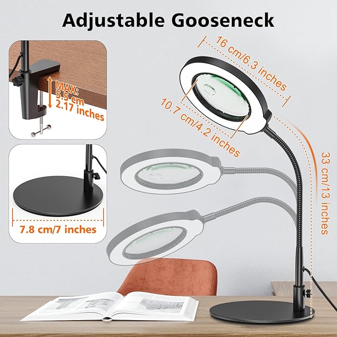 10X 15X Magnifying Glass with Light and Stand, 5 LED Color Modes Stepless Dimmable, Flexible Gooseneck Lighted Magnifying Glass with C-Clamp and Mental Base for Craft Close Work Sewing Reading