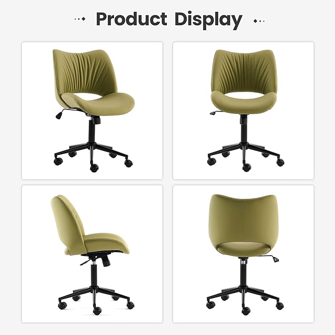 Rowill Armless Office Desk Chair, Ergonomic PU Leather Modern Task Chair with Back Adjustable Height, 360° Swivel Vanity Chairs with Wheels for Small Space, Home Office, Bedroom, Avocado Green
