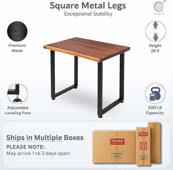 Solid Walnut Wood Computer Desk – 38” x 25” Live Edge Wooden Home Office Desk with Sturdy Metal Legs – Handmade Real Wood Table for Work, Study, or Gaming