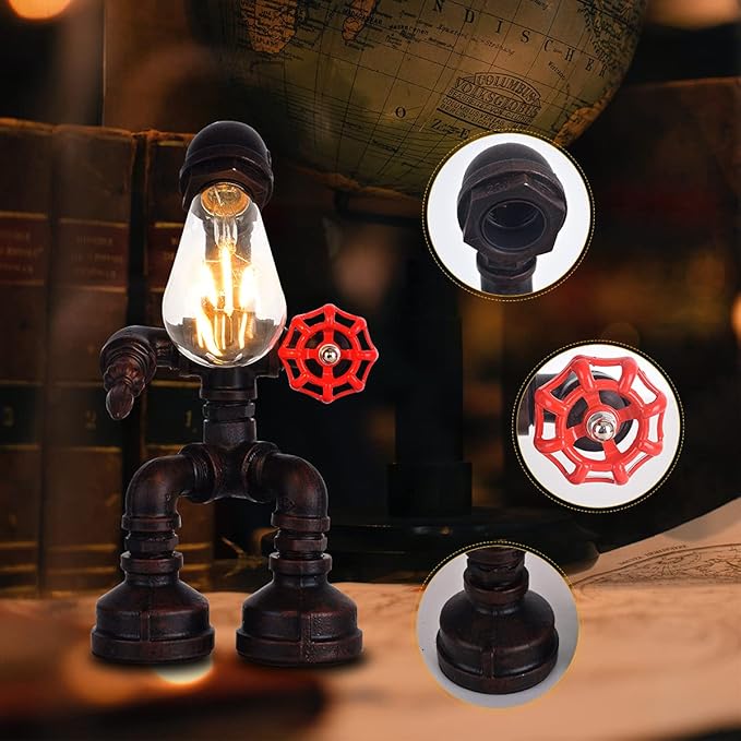 Water Pipe Table Lamp Robot Style- Retro Industrial Table Light- Antique Steampunk Metal Desk Lamp Bedside Lighting Fixture for Office, Reading Kids Room, Cafe Bar (Rust-Style A)