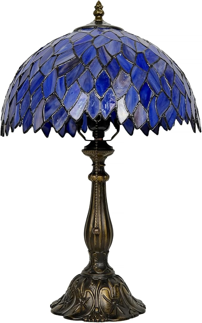 Tiffany Style Table Lamp Vintage Stained Glass Desk Lamp Deep Blue Purple Wisteria Bedside Reading Light Decor Bedroom Living Room Home Office D12 xH18
